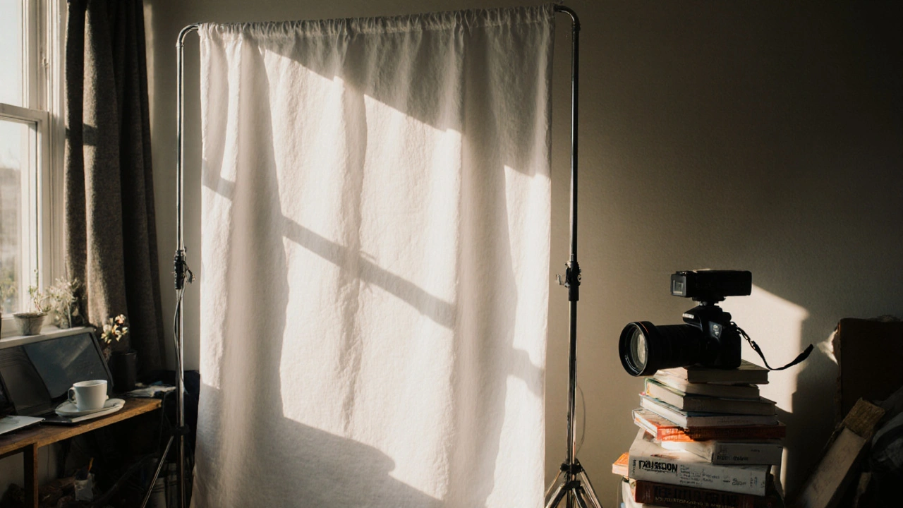 Bílá záclona slouží jako pozadí pro videokonferenci, kamera je na úrovni očí, mírné osvětlení.