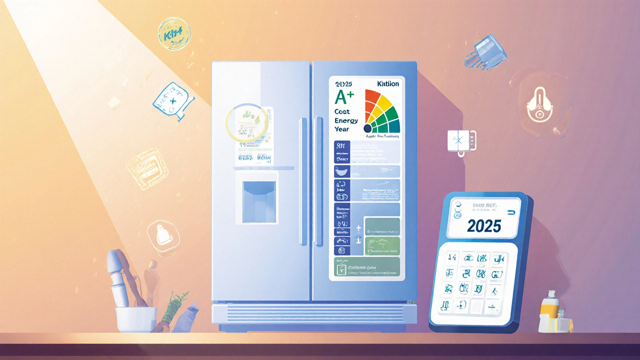 Comparison of old A+++ and new A–G energy labels on refrigerators with cost savings calculator.