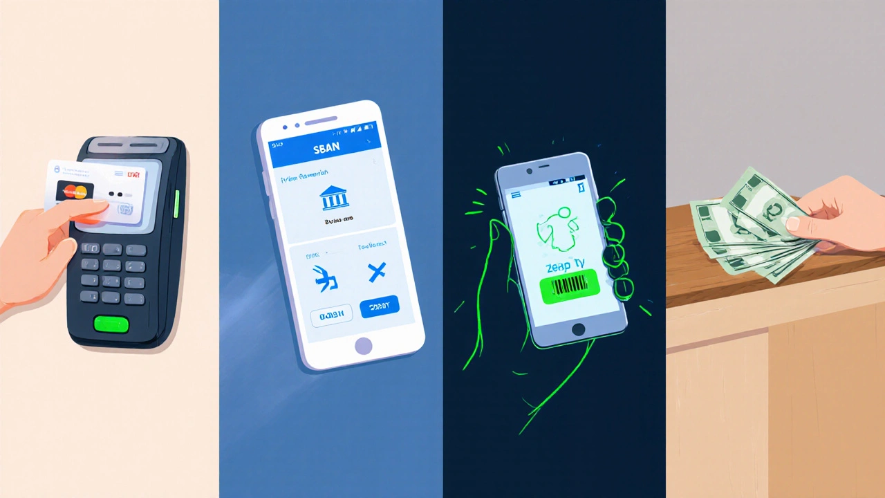 Čtyři panelové ilustrace ukazující platební kartu, SEPA převod, aplikaci Blik a hotovost v zlotých.