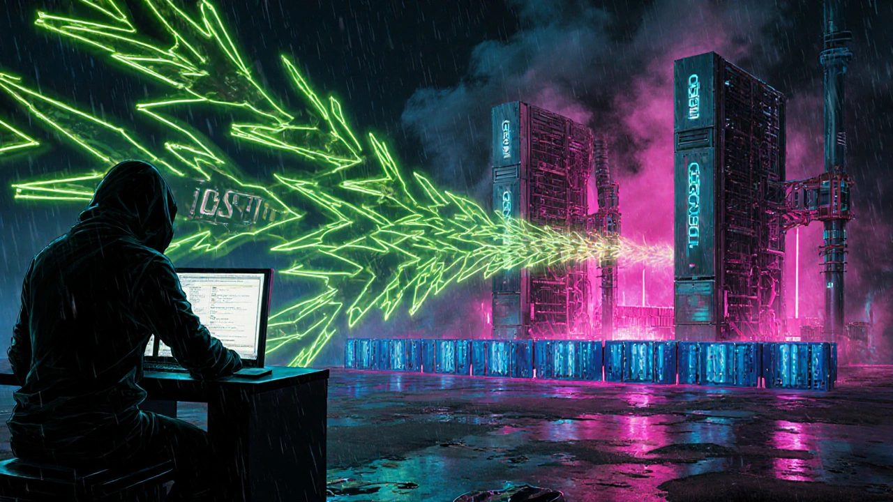 Cyberpunk scéna útoku, kde útočník posílá transakce s vysokými poplatky a těžaři je upřednostňují.