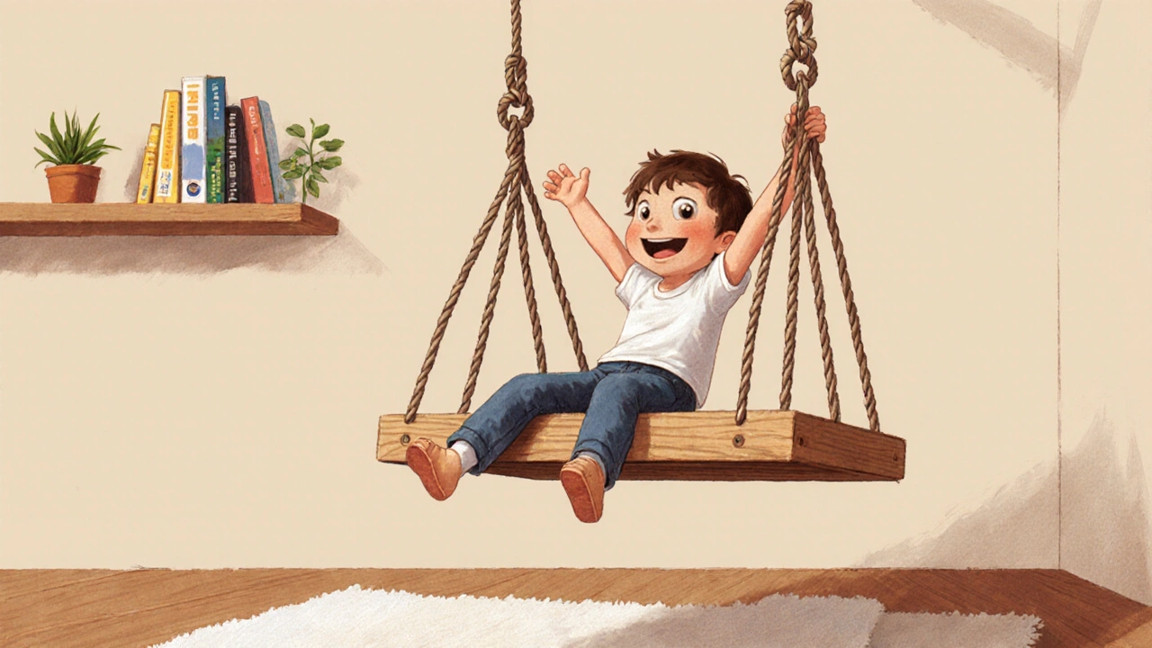 Dítě se houpá na dřevěné houpačce s FSC certifikací v klidném pokoji.