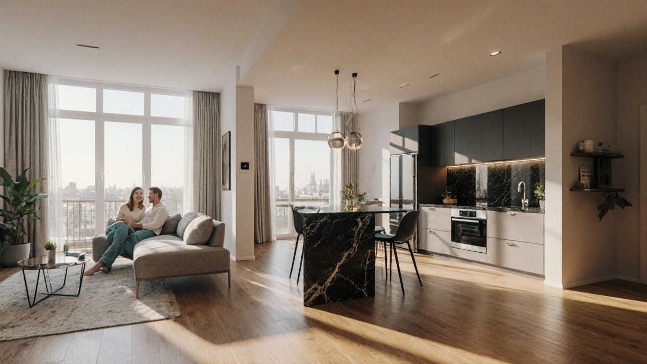 Dokončený moderní byt s otevřeným prostorem, dřevěnou podlahou, elegantní kuchyní a spokojeným párem.