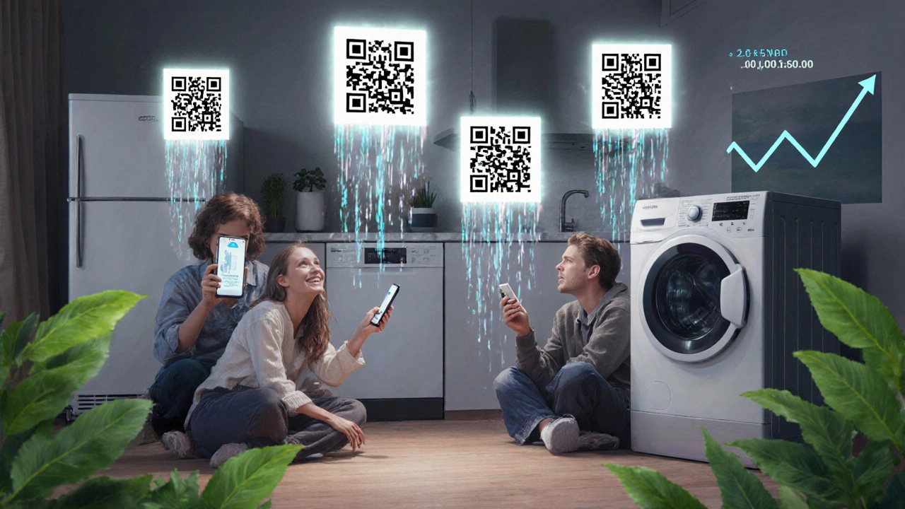 Family scanning QR codes on appliances, with digital energy savings data floating in the air.