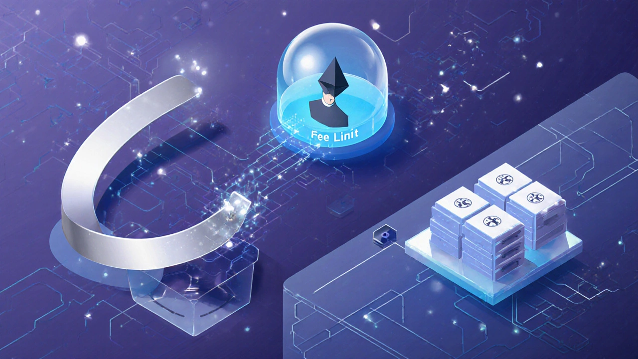 Futuristická isometrická ilustrace uživatele s limitem poplatku a layer‑2 ochranou před gas war.