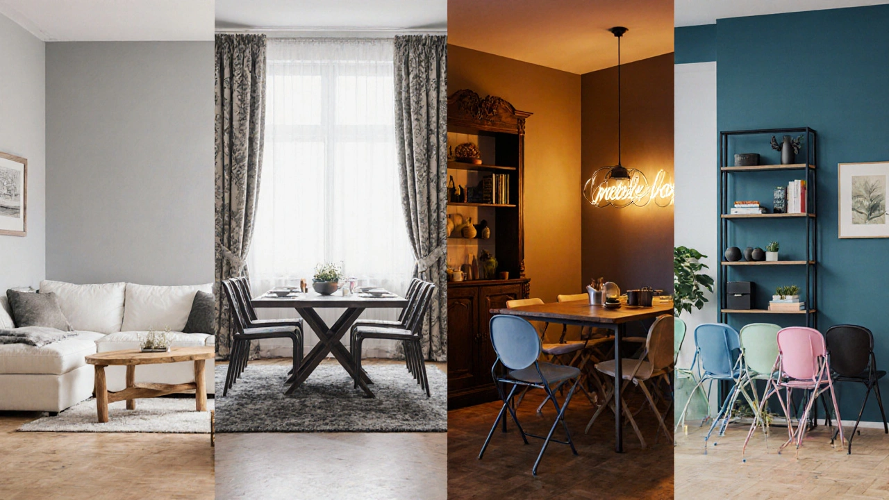 Interiér ukazující čtyři odlišné styly nábytku – skandinávský, klasický, moderní a levný.