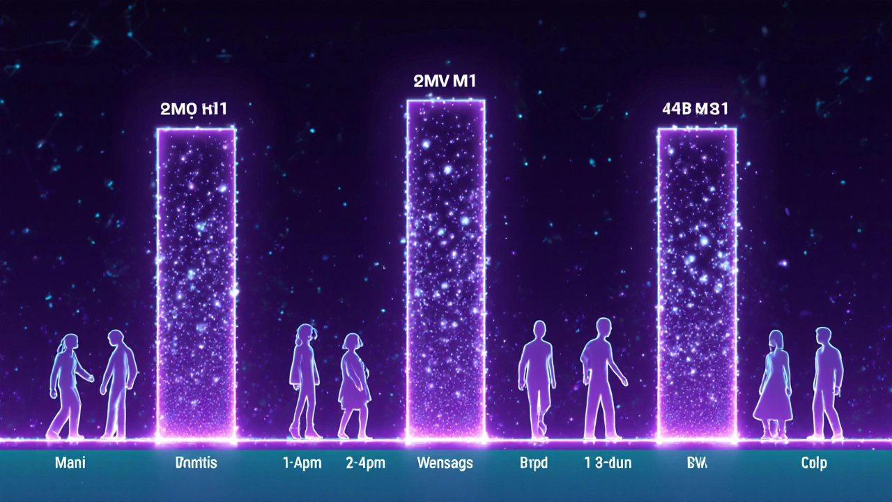 Koncepční časová osa návštěvnosti lokality s různými hustotami lidí v různých časech týdne.