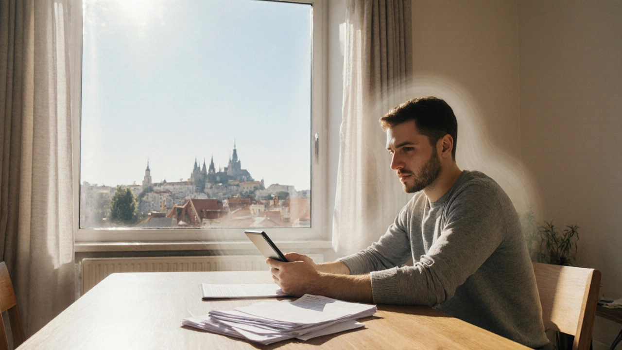 Majitel klidně prohlíží pojistné smlouvy, v pozadí městská silueta.
