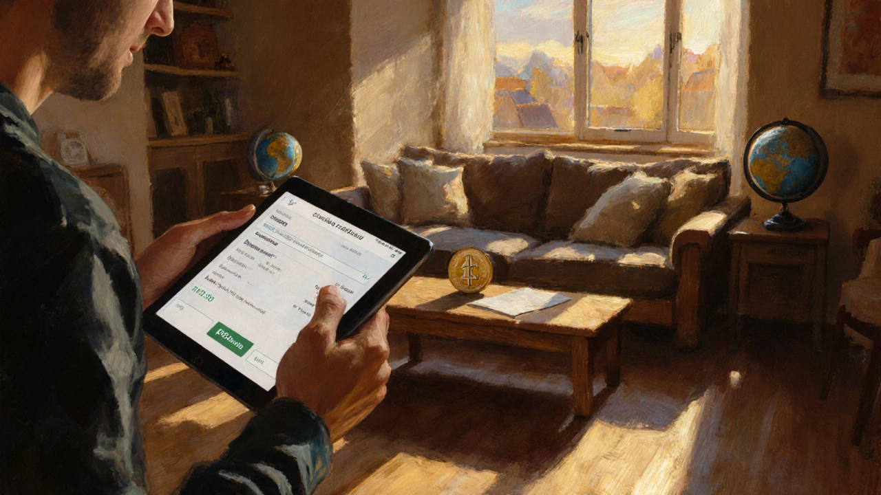 Pohodlný obývací pokoj s novou pohovkou, usmívajícím se zákazníkem a nízkými poplatky za platbu.