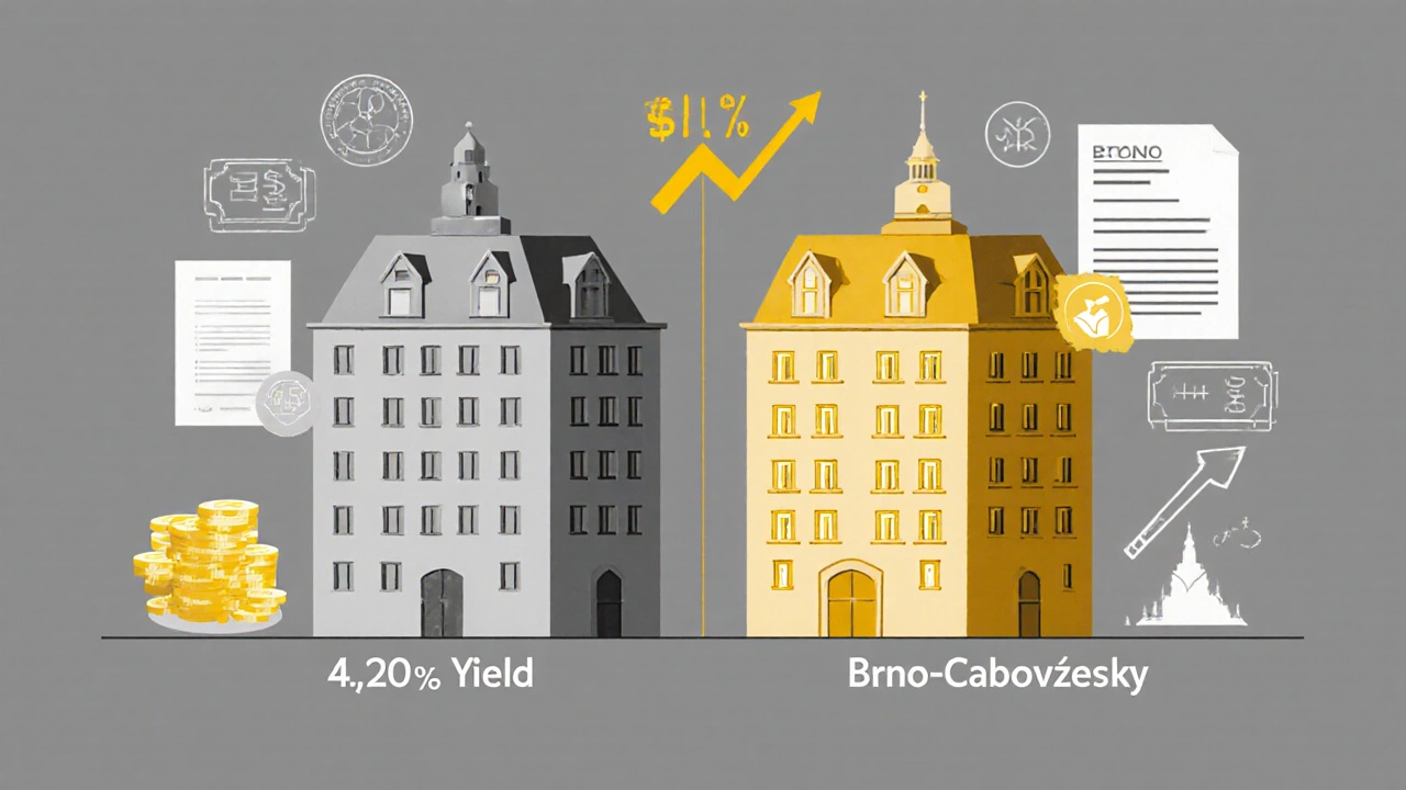 Porovnání výnosnosti bytů v Praze a Brně s ikonami nájmu a inflace.