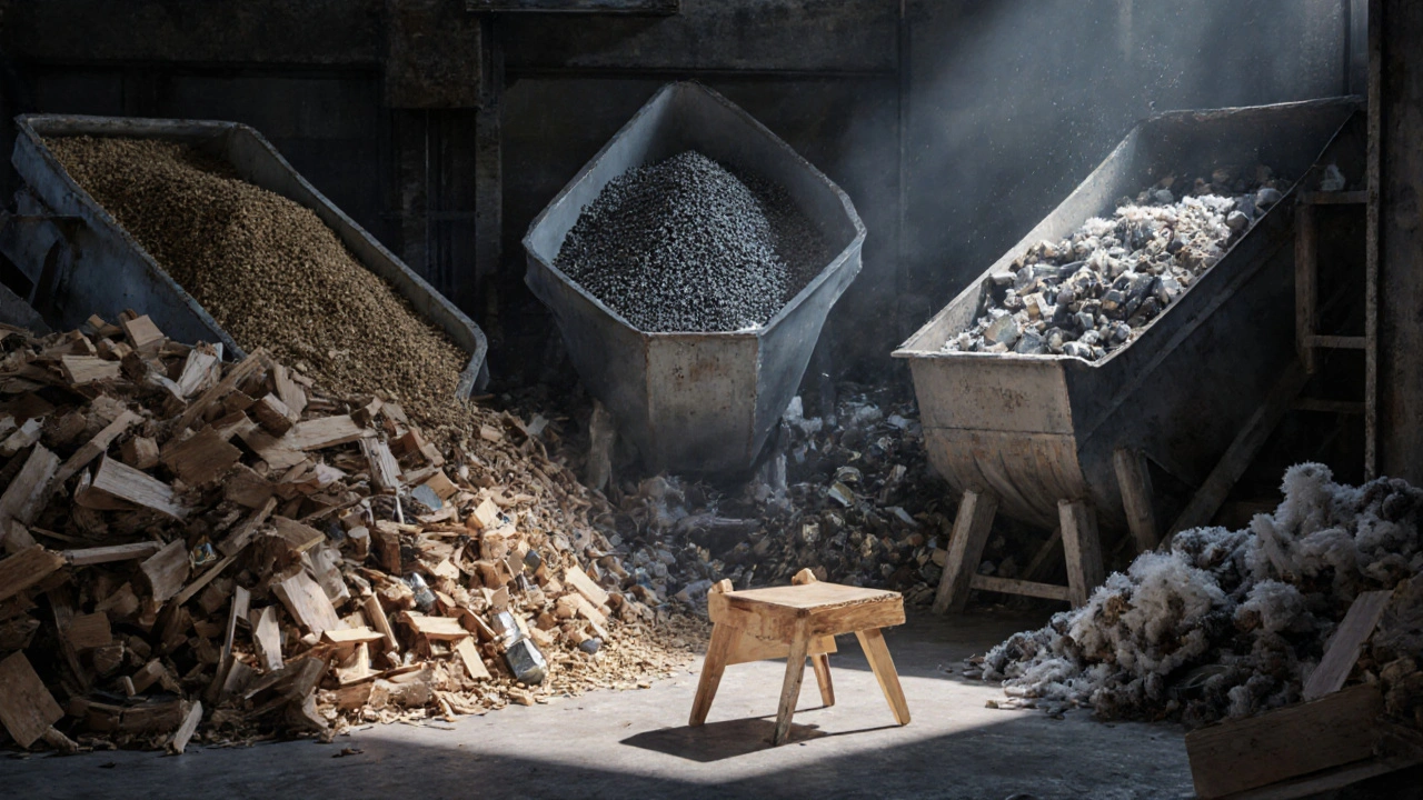 Recyklační stanice s rozděleným nábytkem na dřevo, kov a textil v průmyslovém prostředí.