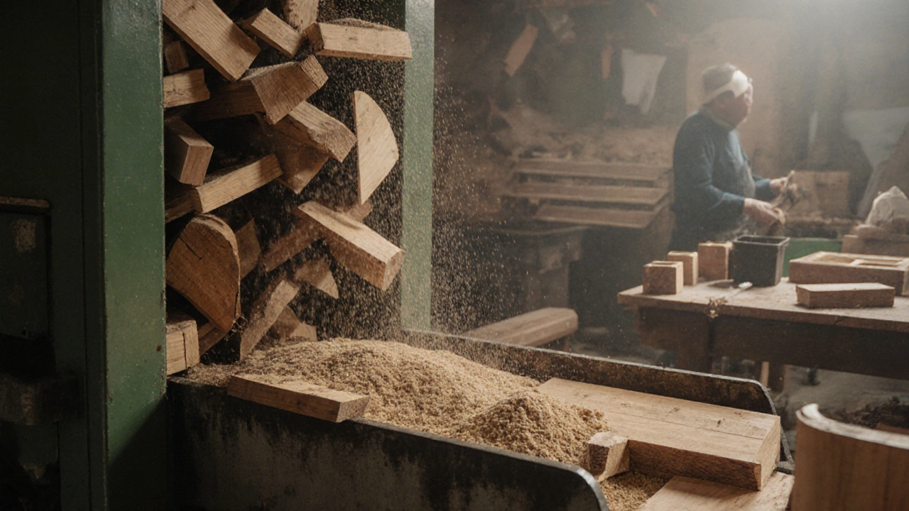 Recyklované dřevo se přeměňuje na nové hračky a poličky v dílně.