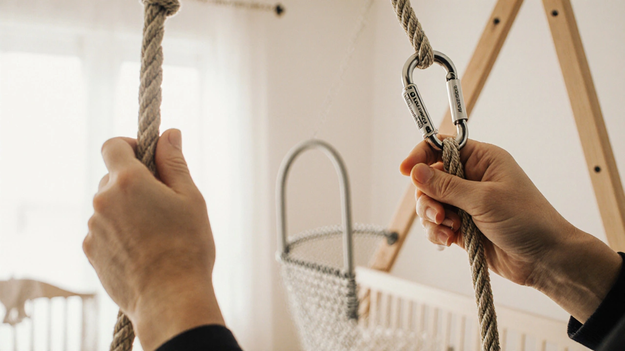 Rodič kontroly upevnění houpačky – lanko, karabina a závěs na stropě.