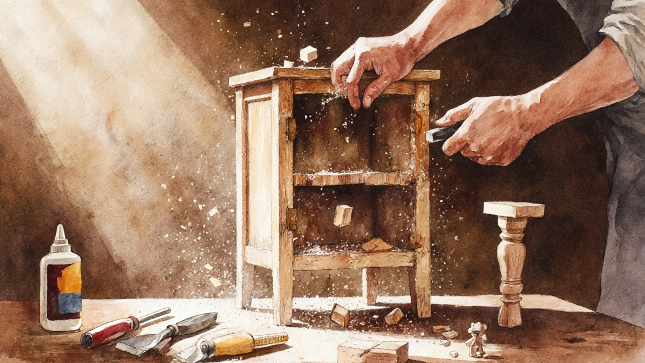 Ruky rozebírají starou skříň, dřevo se přeměňuje v nové předměty.