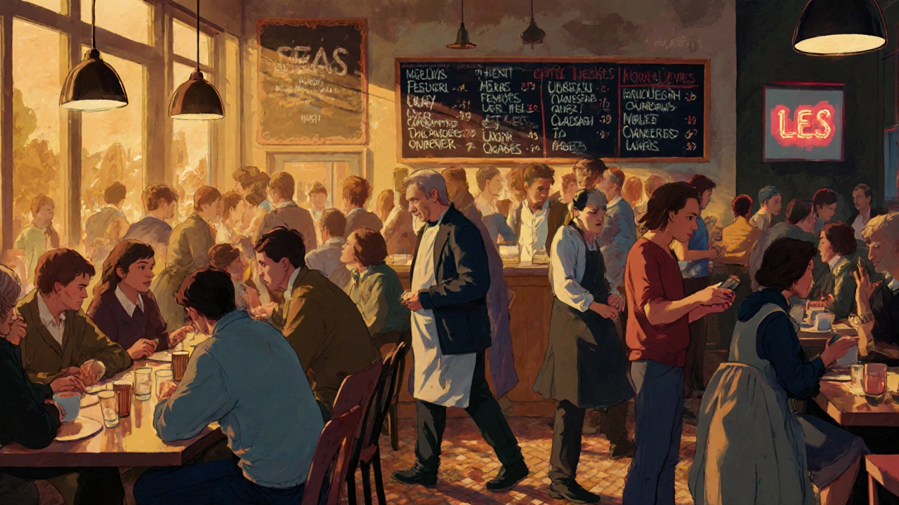 Sobota večer v pražské kavárně, plno lidí, dlouhá fronta a napětí mezi obsluhou a zákazníky.