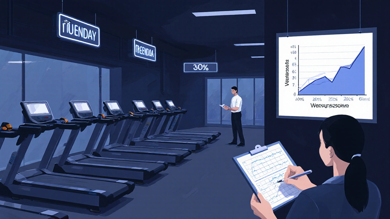 Tiché fitness centrum ve středu večer s prázdnými stroji a personálem zaznamenávajícím data.