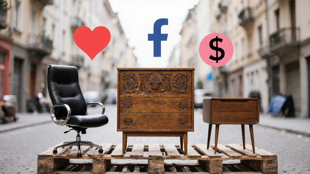 Tři kusy starého nábytku na paletě, symbolizující růst poptávky po autentickém designu.