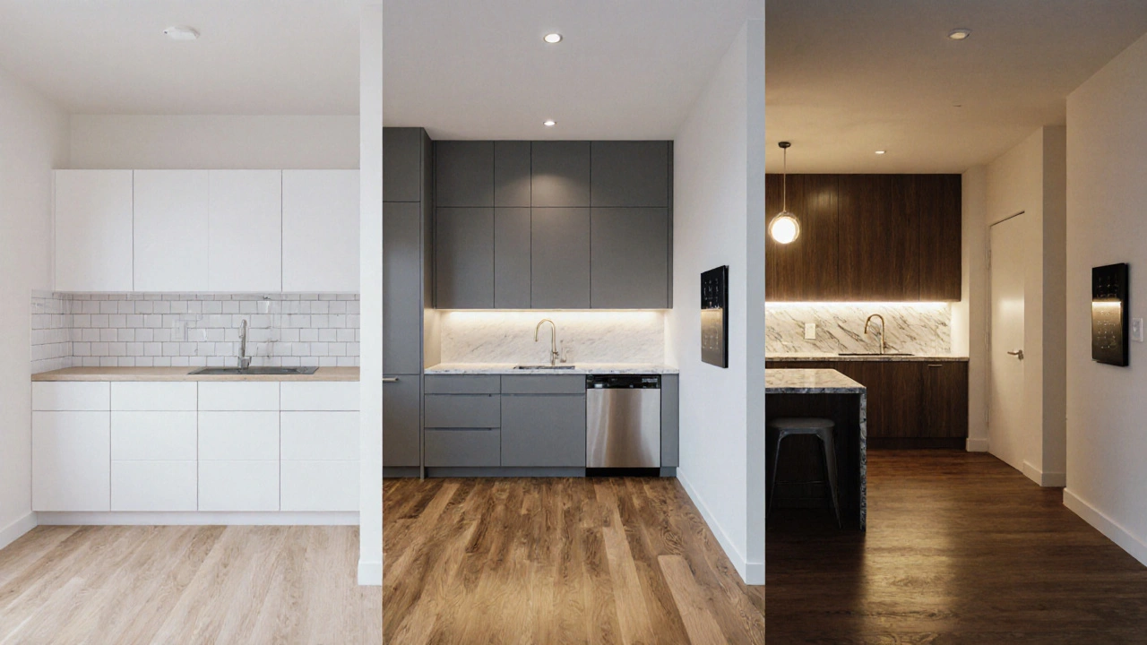 Tři po sobě jdoucí místnosti ukazují nízký, střední a luxusní úroveň rekonstrukce s různými podlahami a kuchyňskými prvky.