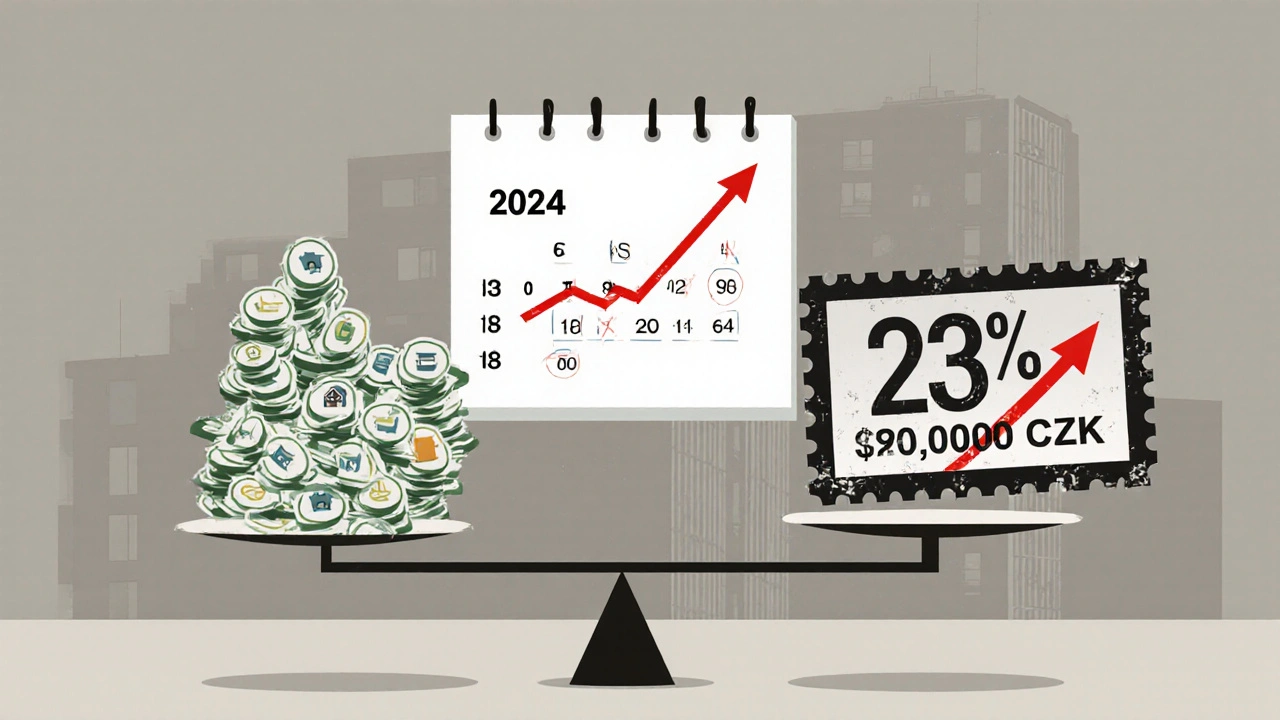 Váha s nájemními příjmy a daňovým zatížením 23%, s časovou změnou z 2024 na 2025.