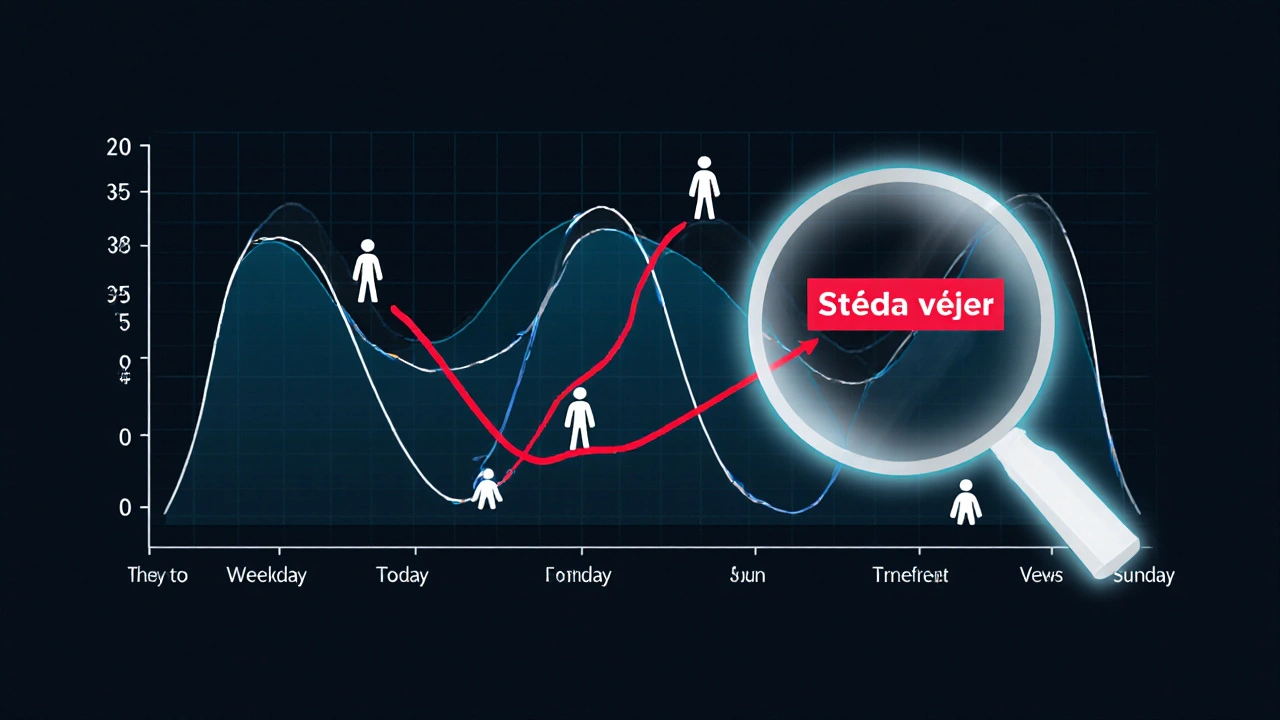 Vizualizace týdenní návštěvnosti s třemi křivkami ukazujícími špičky v různých dnech.