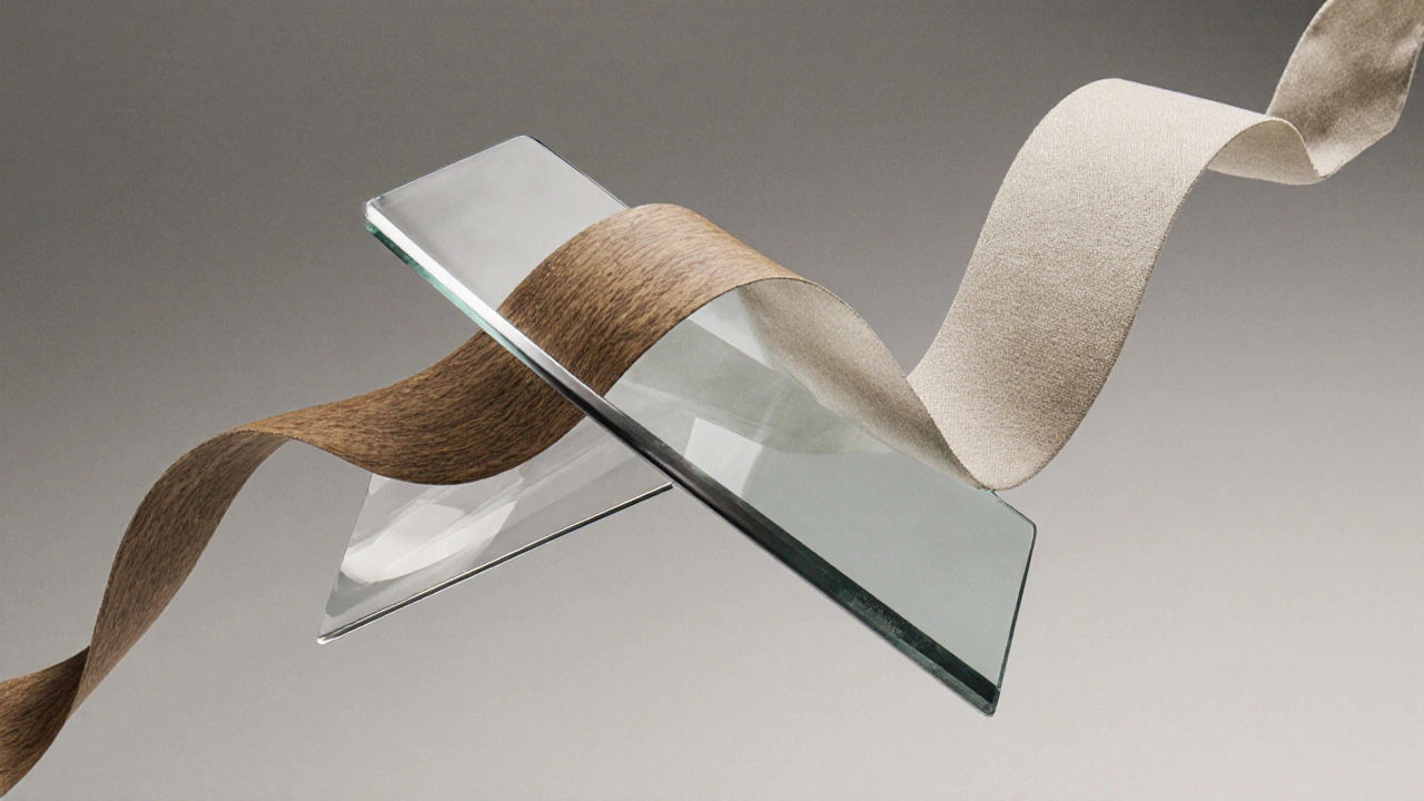 Abstraktní znázornění čtyř textur: dřevo, kov, sklo a tkanina v harmonickém spojení.