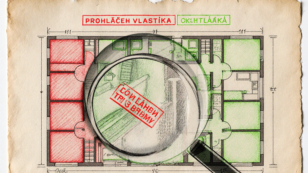 Architektonický plán bytu s červenými a zelenými značkami započítávaných a nezapočítávaných ploch.