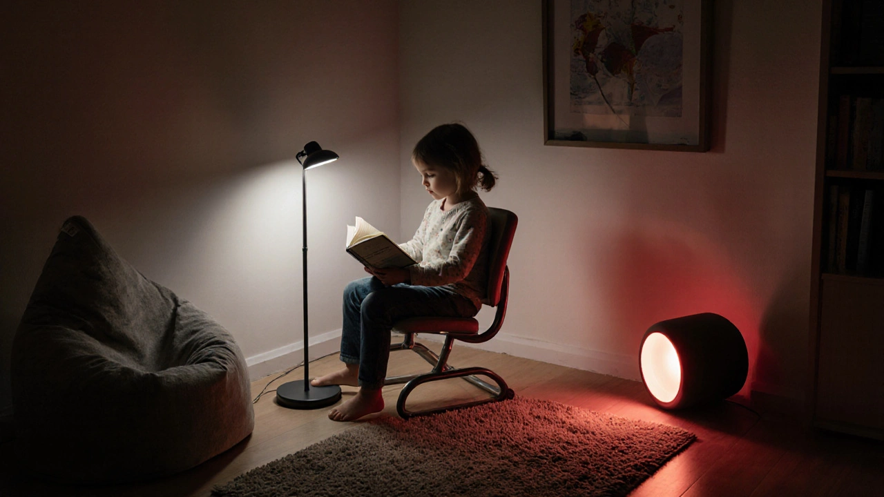 Chytrá lampa automaticky upravuje světlo podle času dne, dítě sedí na pružné židličce.