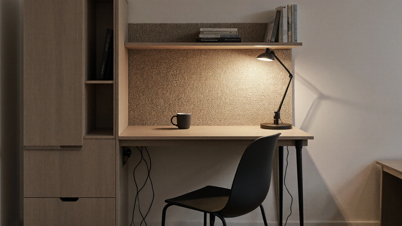 Compact home workspace with foldable desk and sliding chair in a small apartment, minimal and organized.