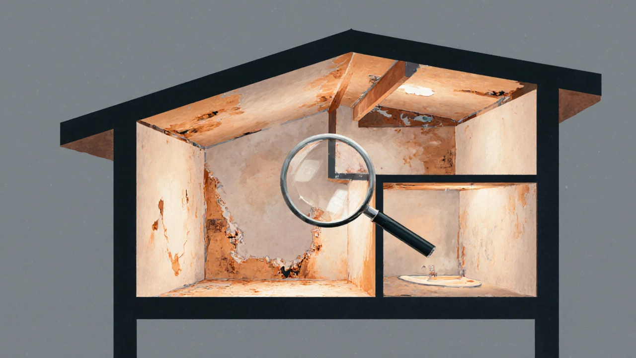 Cross-section of a house revealing hidden water damage, corroded pipes, and weakened beams.
