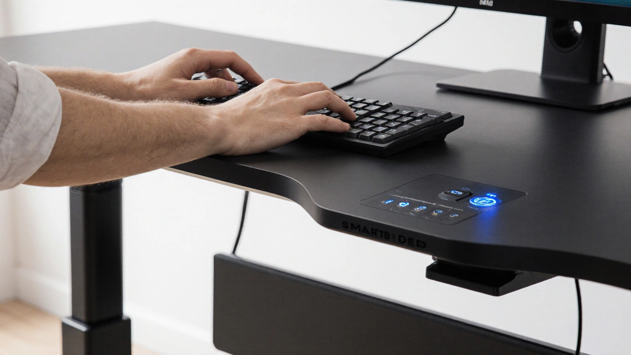 Detail kancelářského stolu SmartDesk Elite s ovládacím panelom a klávesnicí, bez vibrací, přirozené osvětlení.