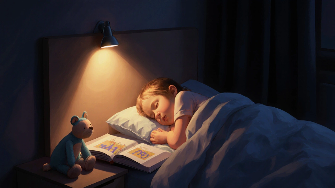 Dítě čte v posteli při teplém světle večerní lampy, v pozadí tichá noční atmosféra.