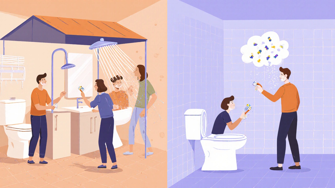 Dvě srovnávací scény: chaotická kombinovaná koupelna a klidně oddělená toaleta s koupelnou, symbolizující hygenu a komfort.