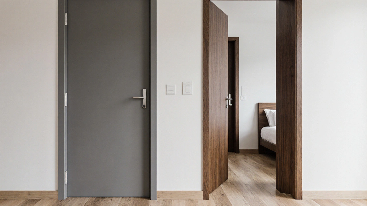 Dvoustranné dveře s jednou stranou šedou a druhou dřevěnou, otevřené mezi chodbou a pokojem.