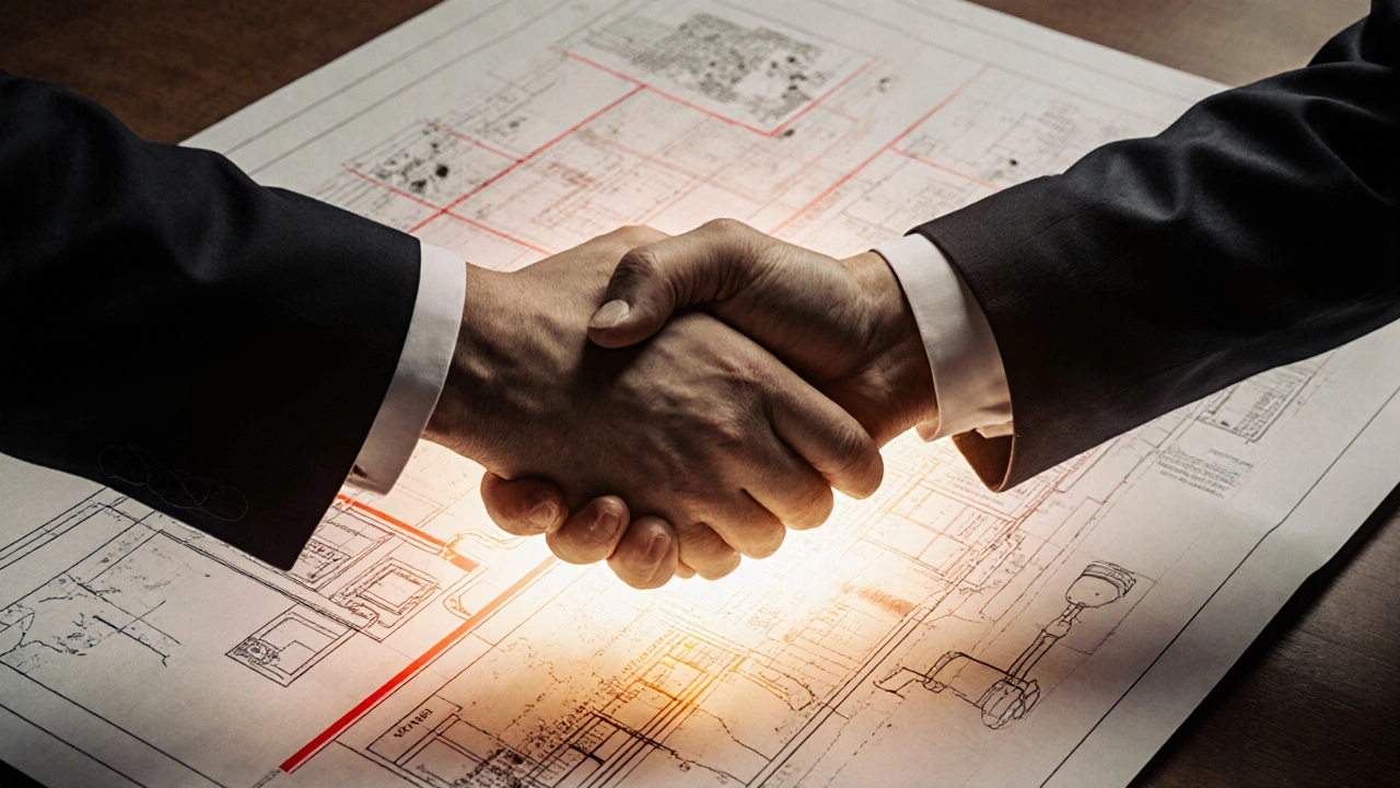 Handshake over house blueprint with transparent overlays showing hidden defects.