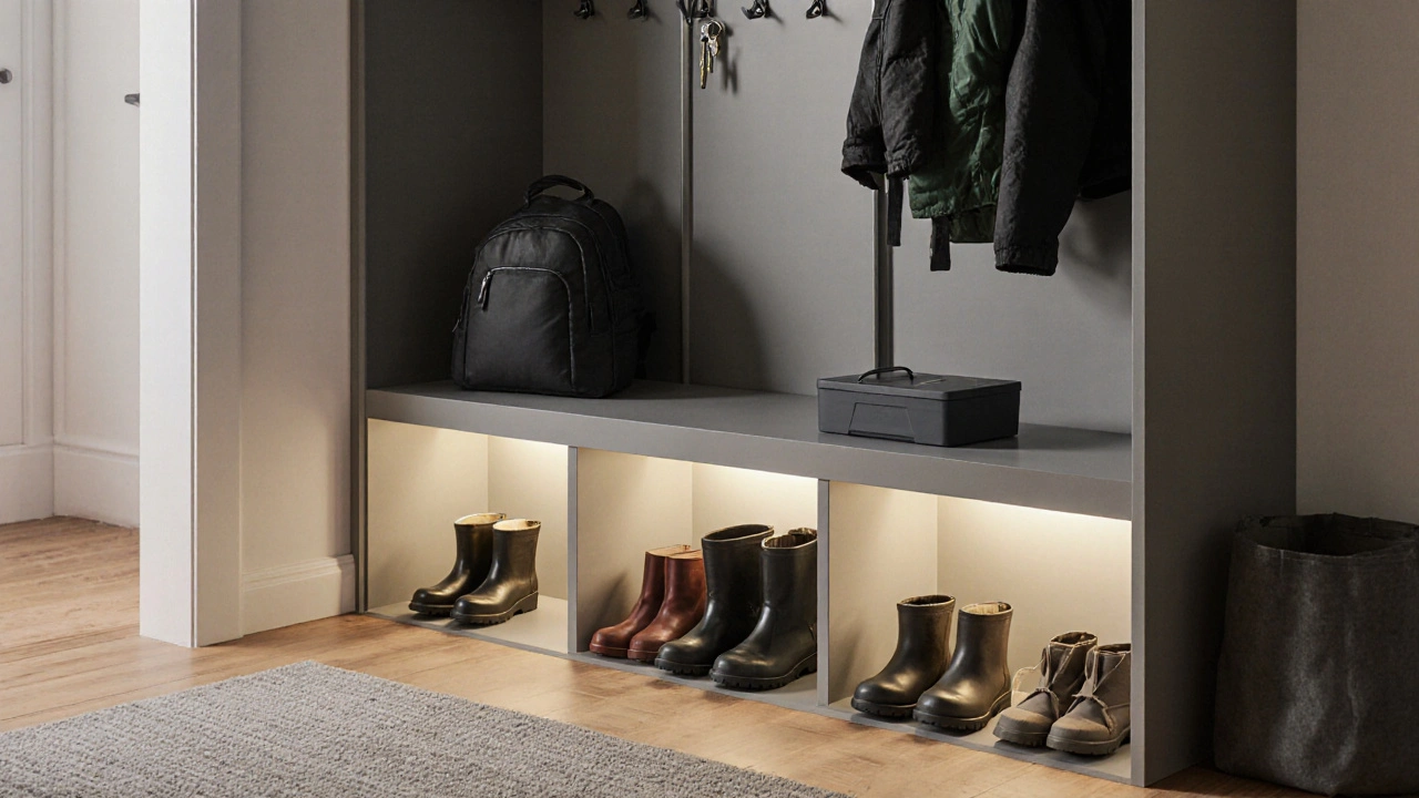 Integrovaný systém IKEA NIPÅSEN 2.0 s LED osvětlením, boty, batohy a klíče na svých místech.
