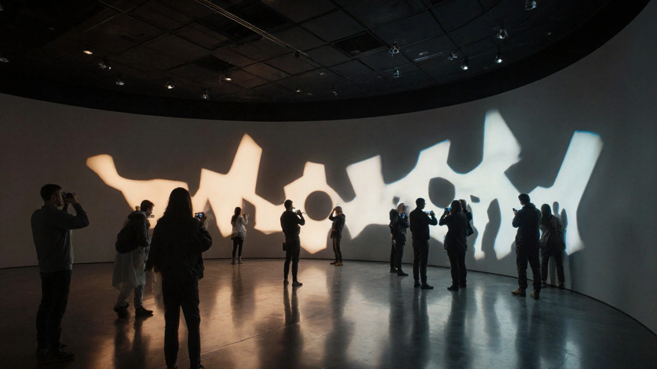 Interaktivní svítidlo, které se pohybuje a mění tvar a barvu světla v galerii.