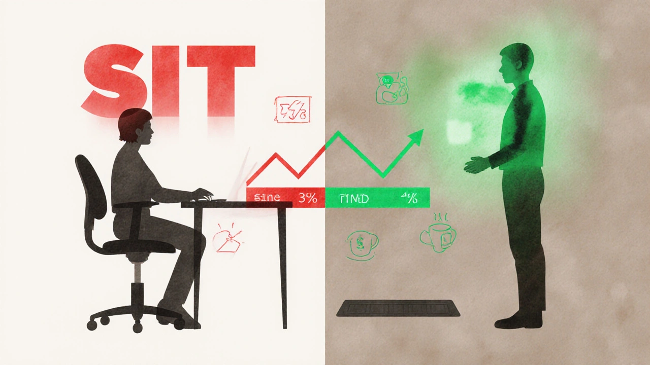 Koncepční obrázek střídání sedění a stání během dne s grafem zlepšení zdraví.
