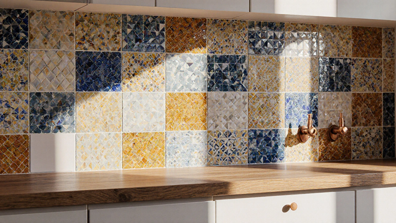 Kuchyňská zadní stěna s kaleidoskopickým mozaikovým obkladem v lesklých a matných površích.