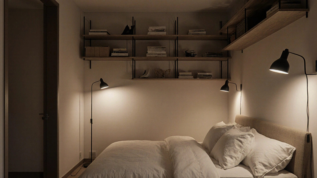 Malý byt s efektivním využitím prostoru, vysoké regály a čisté postele pro pohodlí.