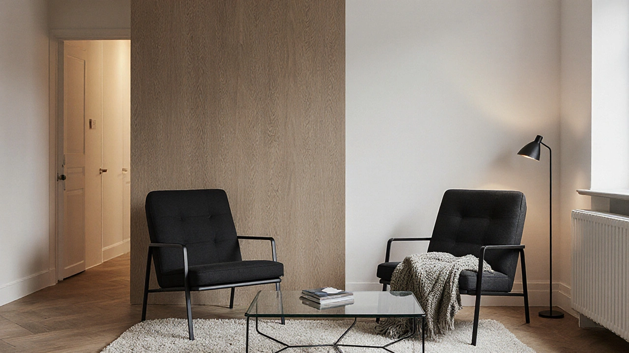 Malý byt s matným kovem, sklem a měkkými textiliemi v harmonické rovnováze.