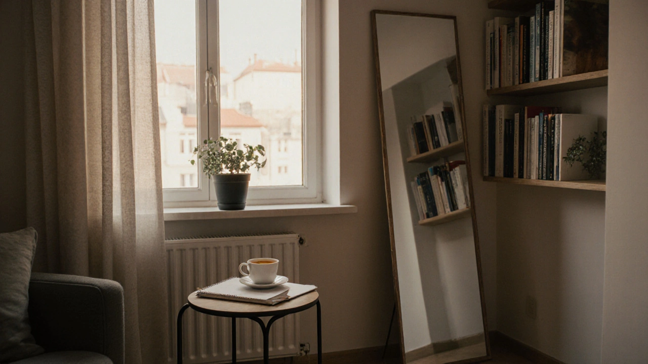 Malý obývací pokoj s pohyblivým nábytkem a jemným odrazem světla.