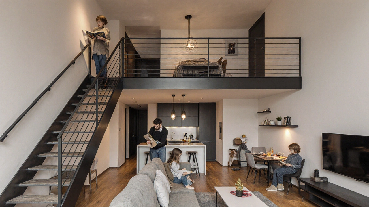 Mezoneta s dvoupatrovým uspořádáním, schodištěm a rodinným pohodlím v bytě.