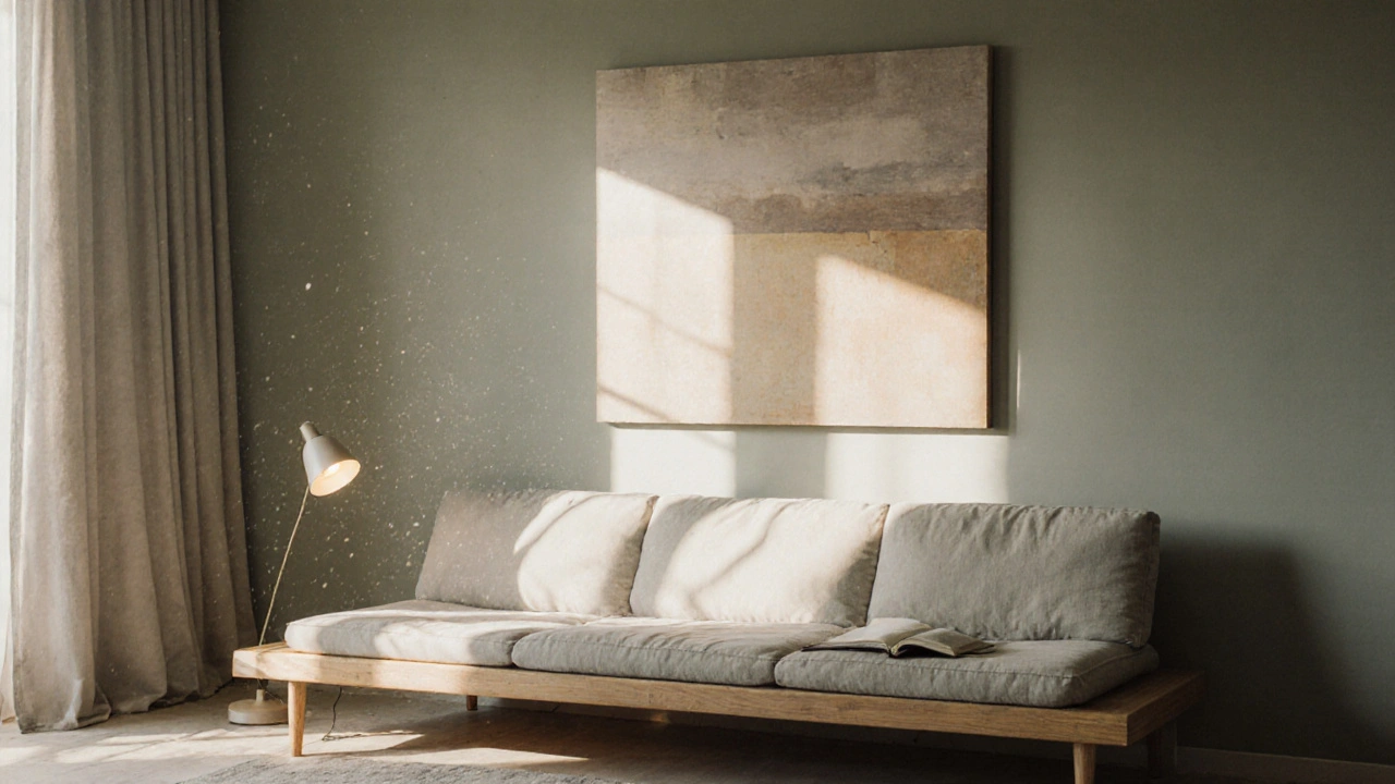 Minimální prostor s jednou výraznou věcí, knihou a měkkým osvětlením.