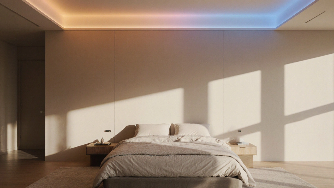 Moderní ložnice s chytrým osvětlením přecházejícím z teplého do studeného tónu