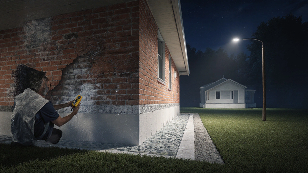 Nezateplený sokl domu s vodou stoupající zemí a vlhkostí v zdivu, odborník měří vlhkost.