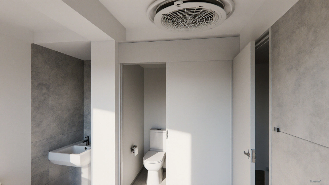 Oddělená toaleta s posuvnými dveřmi vedle koupelny, moderní nástěnné zařízení a větrací kanál na stropě.