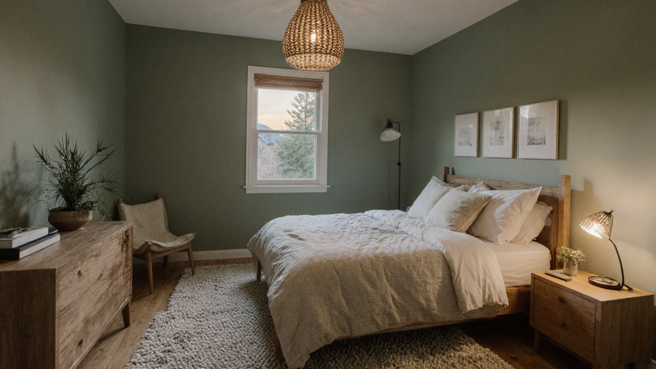 Pokoj se šedozelenými stěnami, dřevěným nábytkem a teplým osvětlením
