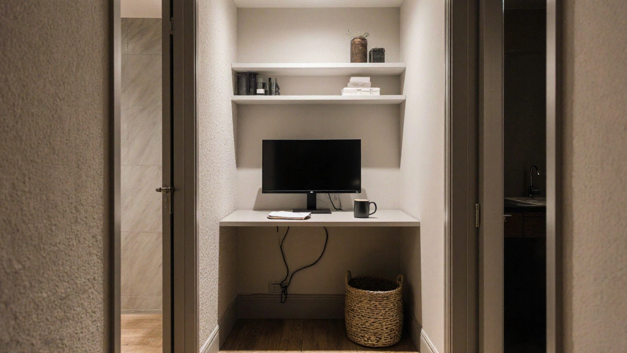 Pracovní zóna v chodbě mezi dveřmi s nárožním stolem a regály, čisté kabely a tepelné materiály.