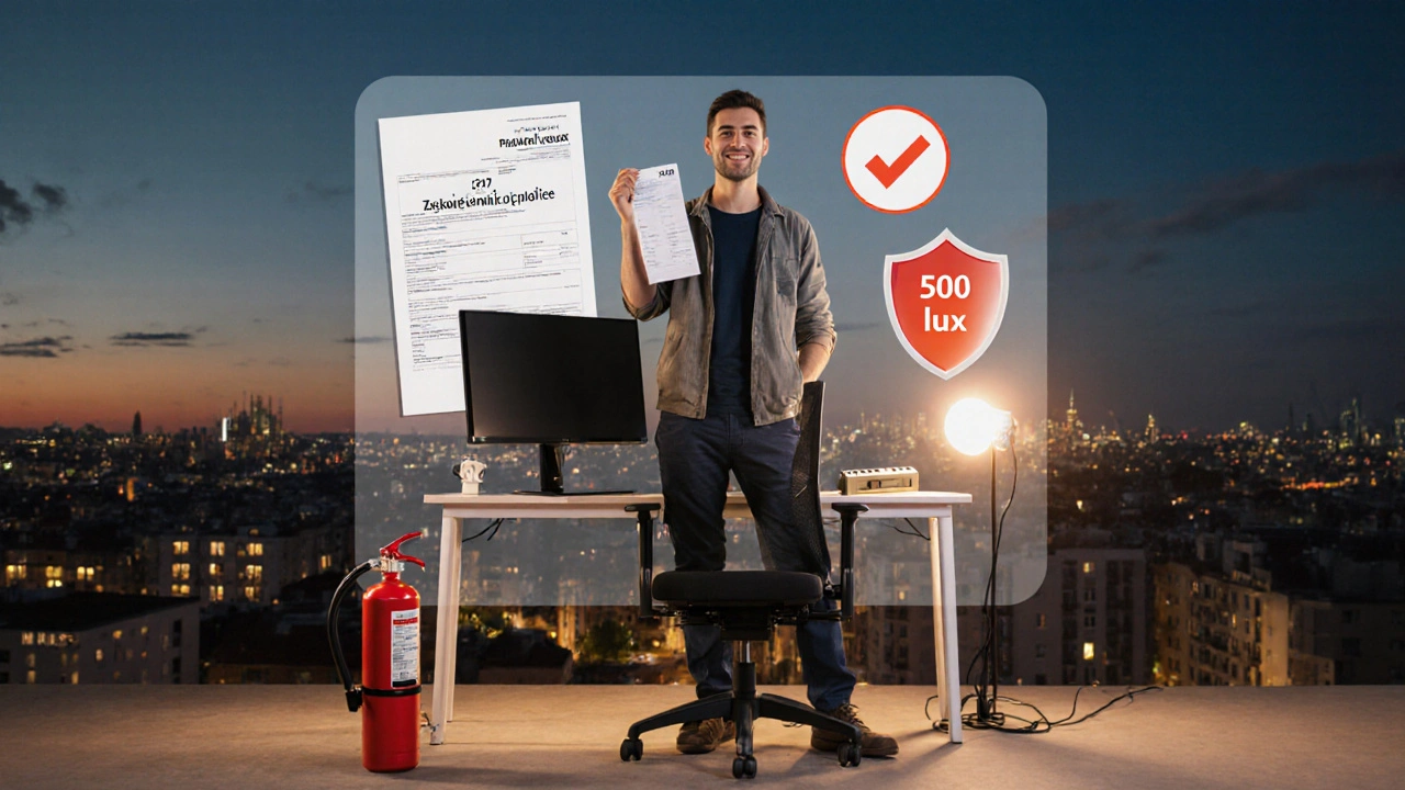 Pracovník s fakturami a vybavením pro domácí pracovnu, symbolizující právo na bezpečné pracovní prostředí.