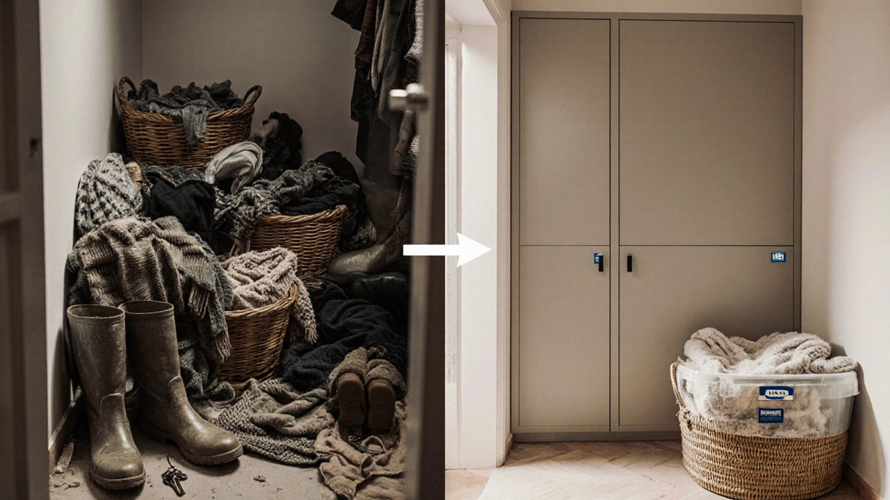 Před a po: chaos v předsíni vs. řádně uspořádaný prostor s modulárními úložnými boxy.