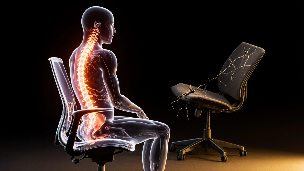 Průhledná ergonomická židle podporuje přirozený tvar páteře, zatímco poškozená židle leží za ní.